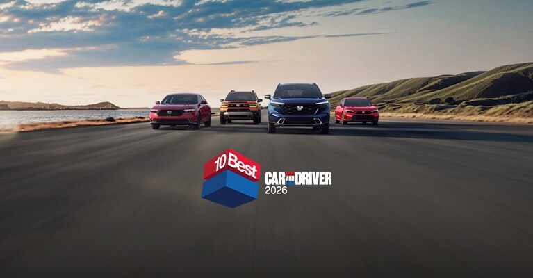 2026 Honda Accord, Passport, CR-V and Civic Sedan front view driving on a coastal street with overlapping Car and Driver 10Best logo