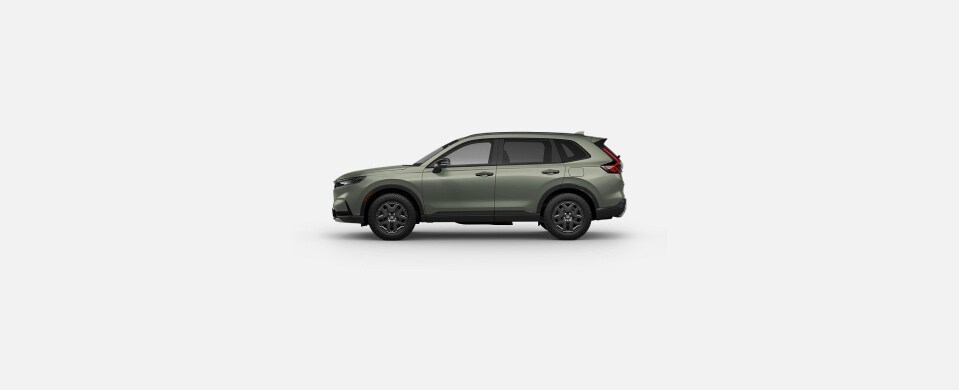 2026 Honda CR-V TrailSport Hybrid in Ash Green Metallic profile parked in a clean white studio setting (Compact Crossover SUV). 2026 Honda CR-V TrailSport Hybrid in Ash Green Metallic profile parked in a clean white studio setting (Compact Crossover SUV).