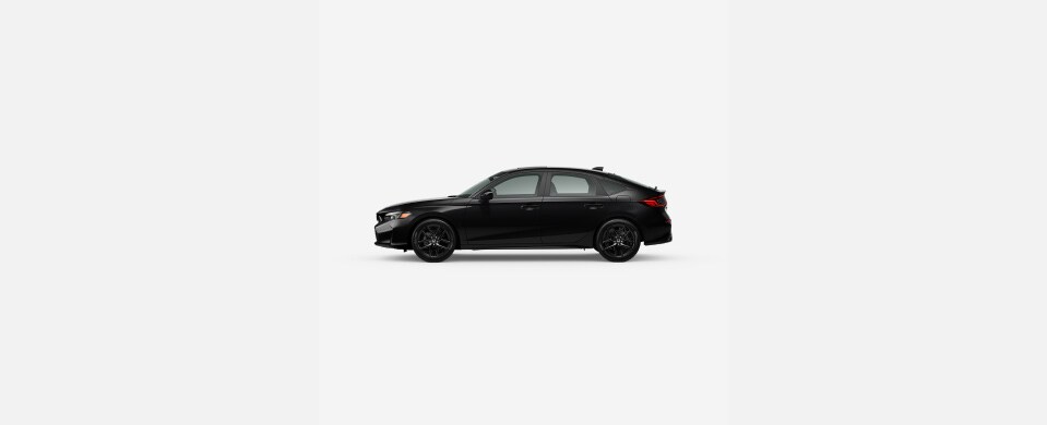 2026 Honda Civic Hatchback Sport Hybrid in Crystal Black Pearl profile parked in a clean white studio setting (Compact Hatchback). 2026 Honda Civic Hatchback Sport Hybrid in Crystal Black Pearl profile parked in a clean white studio setting (Compact Hatchback).