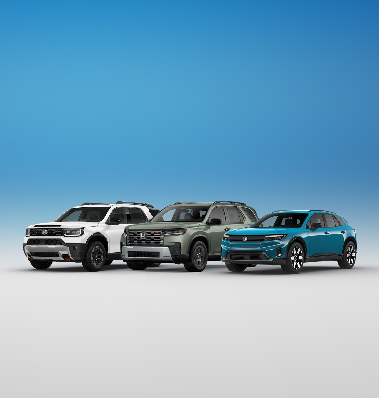 Honda SUV lineup featuring HR-V, Passport, CR-V, Pilot, and Prologue in a three-quarter view.