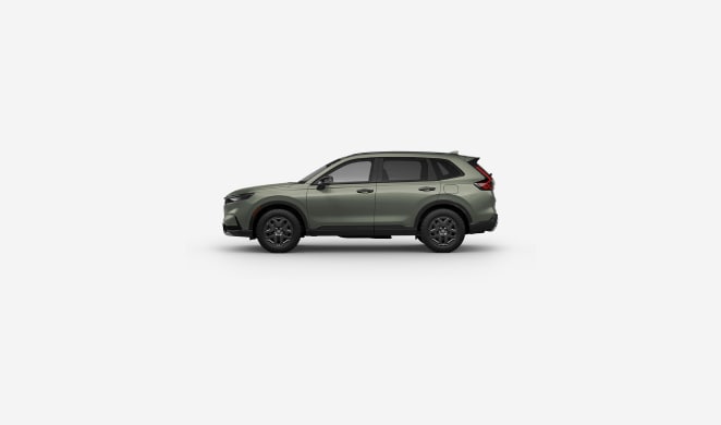Ash Green Metallic色2026 Honda CR-V TrailSport Hybrid停放在乾淨的白色工作室環境中的側視角（小型跨界SUV）。