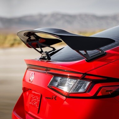 Rear Spoiler detail of a 2026 Honda Civic Type R in Rallye Red