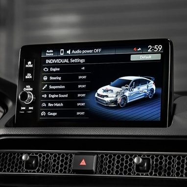2026 Honda Civic Type R infotainment screen showing individual performance settings (High-Performance Hatchback).